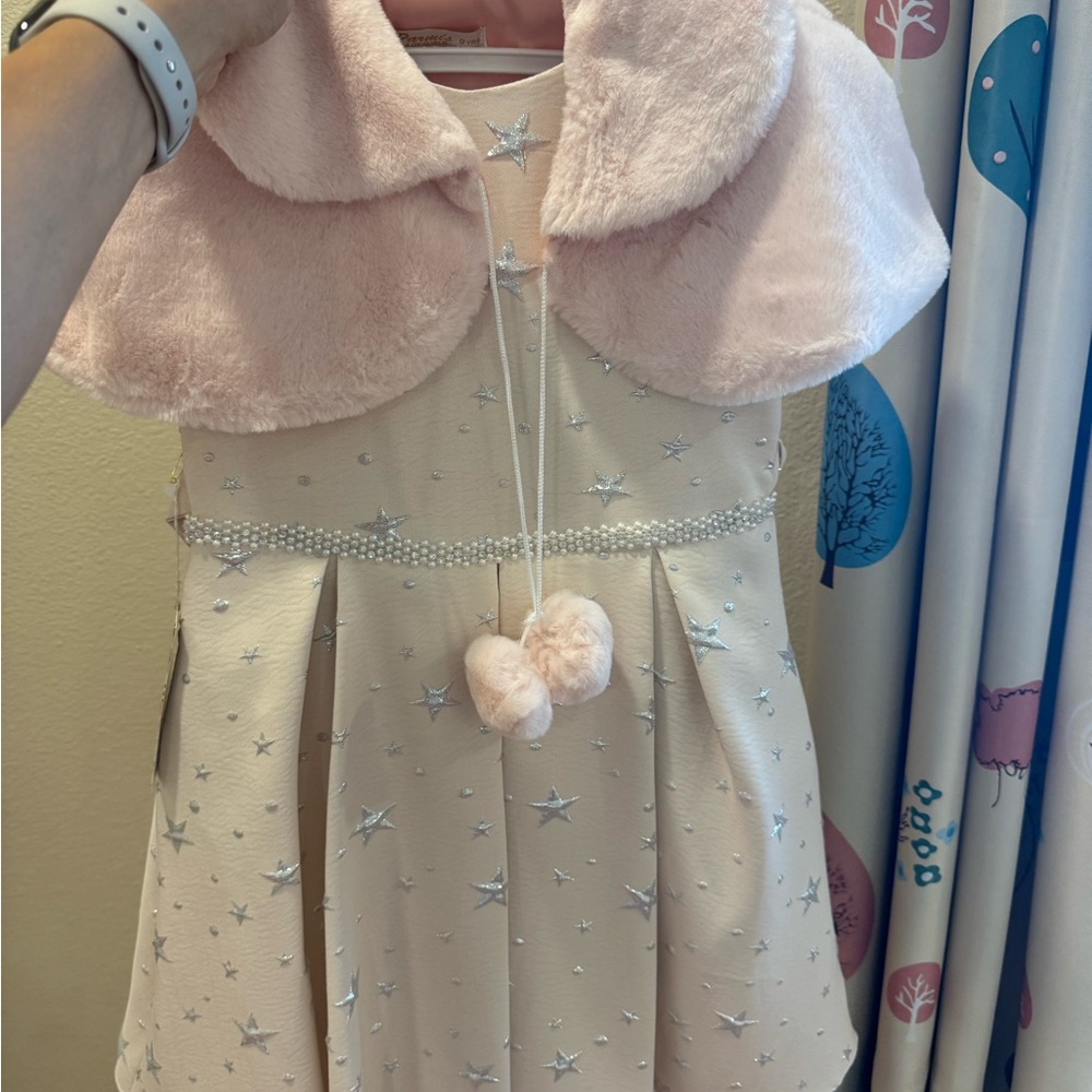 Pink and Cream Star Dress with Faux Fur Collar